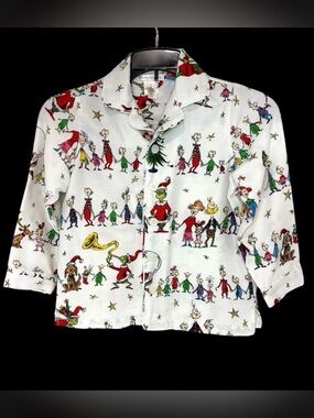 Pottery Barn Kids Dr Seuss Grinch Flannel Pajama Top Sz 6 Long Sleeves Buttons